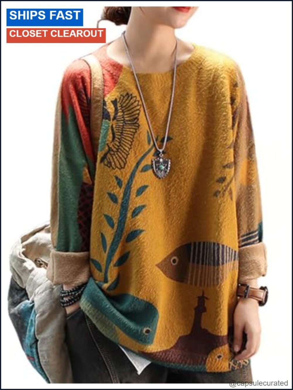 Oversized Boho Cotton Wool Pullover Sweater Women's Fall Crew Neck